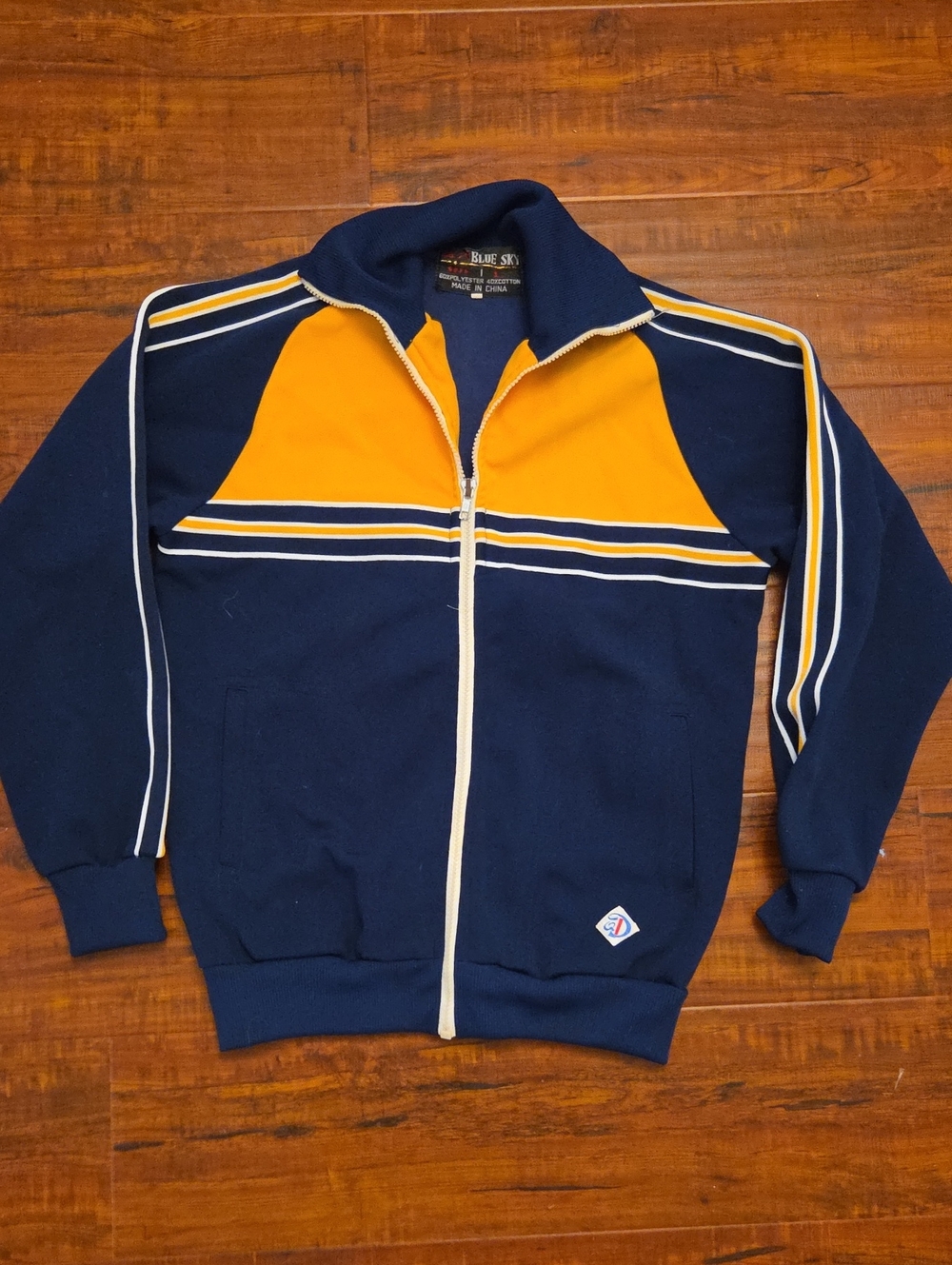 Vintage Blue Sky Men's Navy and Gold Zip-Up Track Sweater